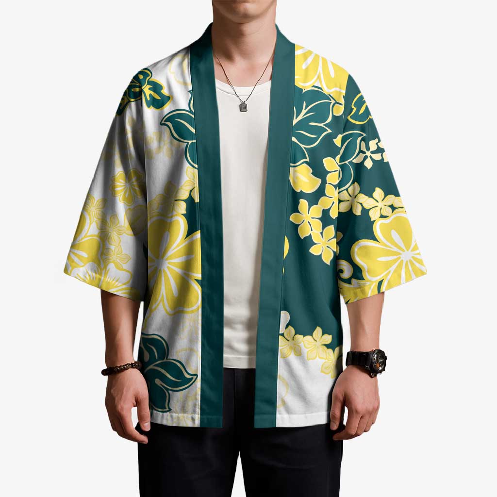 Yelow Teal Hibiscus Plumeria Floral Kimono LT01 - Polynesian Pride