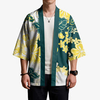 Yelow Teal Hibiscus Plumeria Floral Kimono LT01 - Polynesian Pride