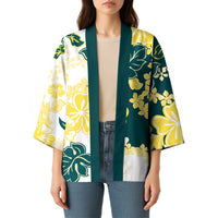 Yelow Teal Hibiscus Plumeria Floral Kimono LT01 - Polynesian Pride