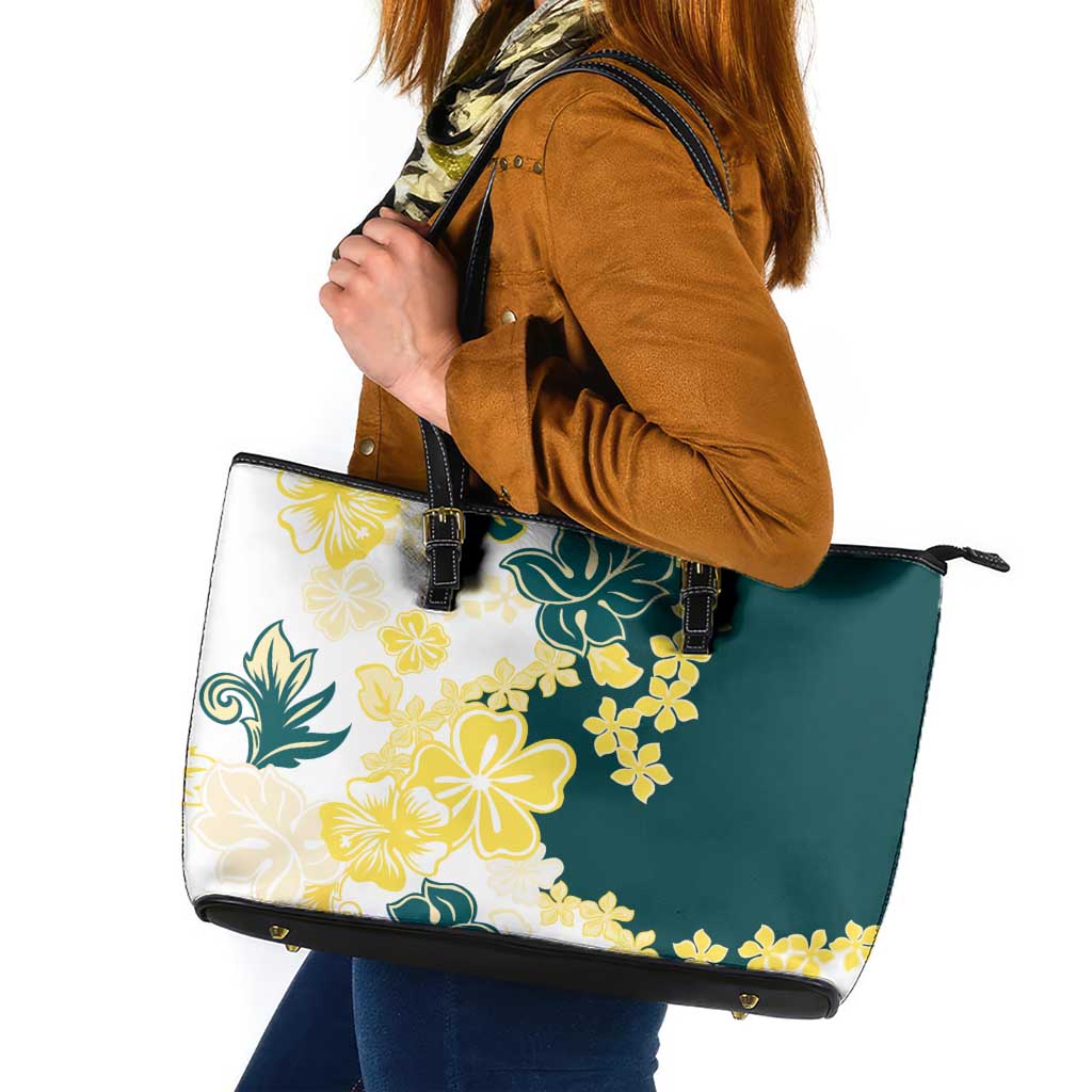 Yelow Teal Hibiscus Plumeria Floral Leather Tote Bag - Polynesian Pride