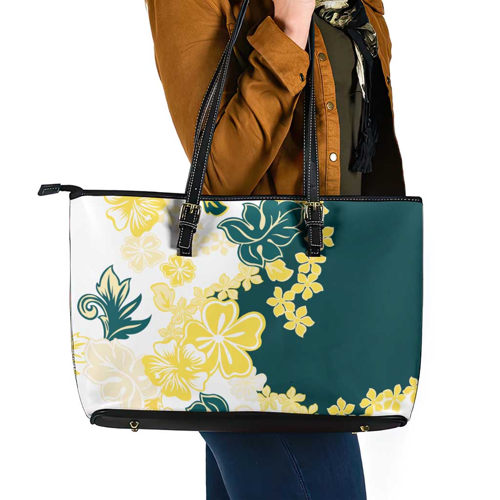 Yelow Teal Hibiscus Plumeria Floral Leather Tote Bag - Polynesian Pride