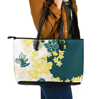 Yelow Teal Hibiscus Plumeria Floral Leather Tote Bag - Polynesian Pride