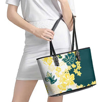 Yelow Teal Hibiscus Plumeria Floral Leather Tote Bag - Polynesian Pride