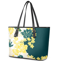 Yelow Teal Hibiscus Plumeria Floral Leather Tote Bag - Polynesian Pride