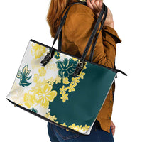 Yelow Teal Hibiscus Plumeria Floral Leather Tote Bag - Polynesian Pride