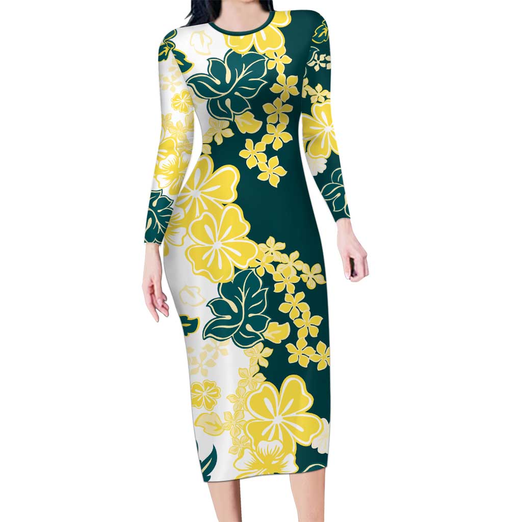 Yelow Teal Hibiscus Plumeria Floral Long Sleeve Bodycon Dress - Polynesian Pride