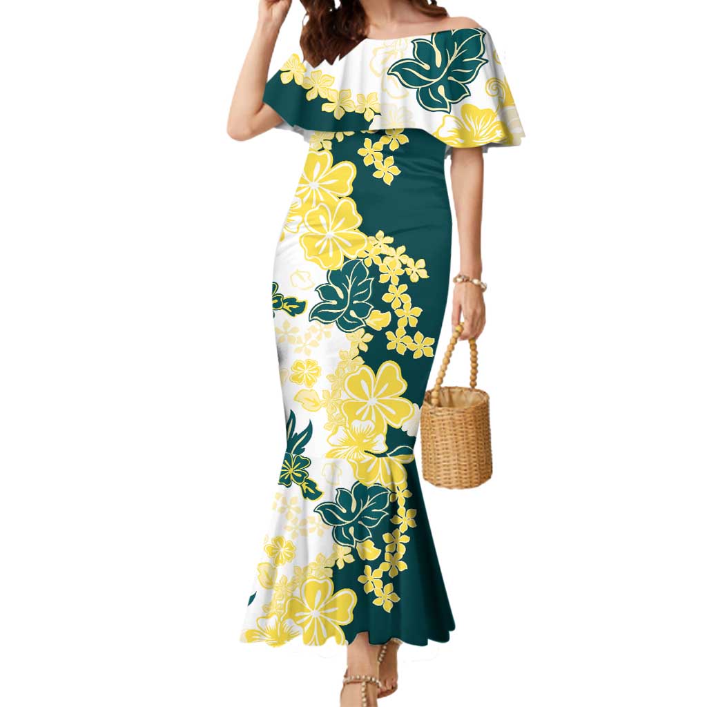 Yelow Teal Hibiscus Plumeria Floral Mermaid Dress - Polynesian Pride