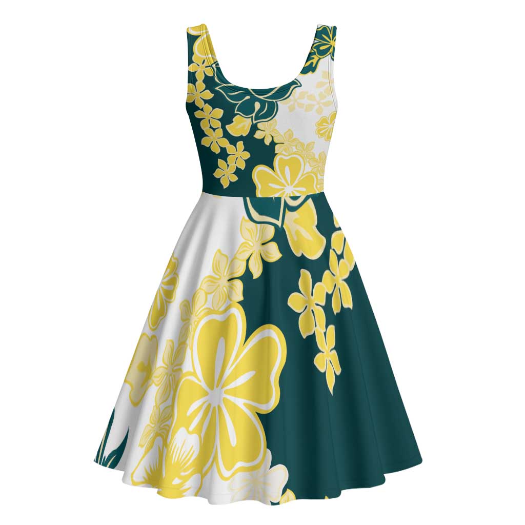 Yelow Teal Hibiscus Plumeria Floral Midi Dress - Polynesian Pride