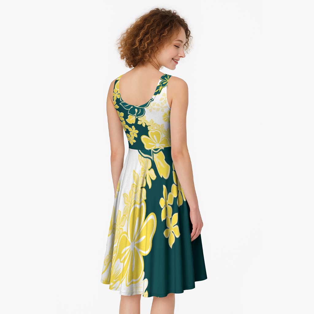 Yelow Teal Hibiscus Plumeria Floral Midi Dress - Polynesian Pride