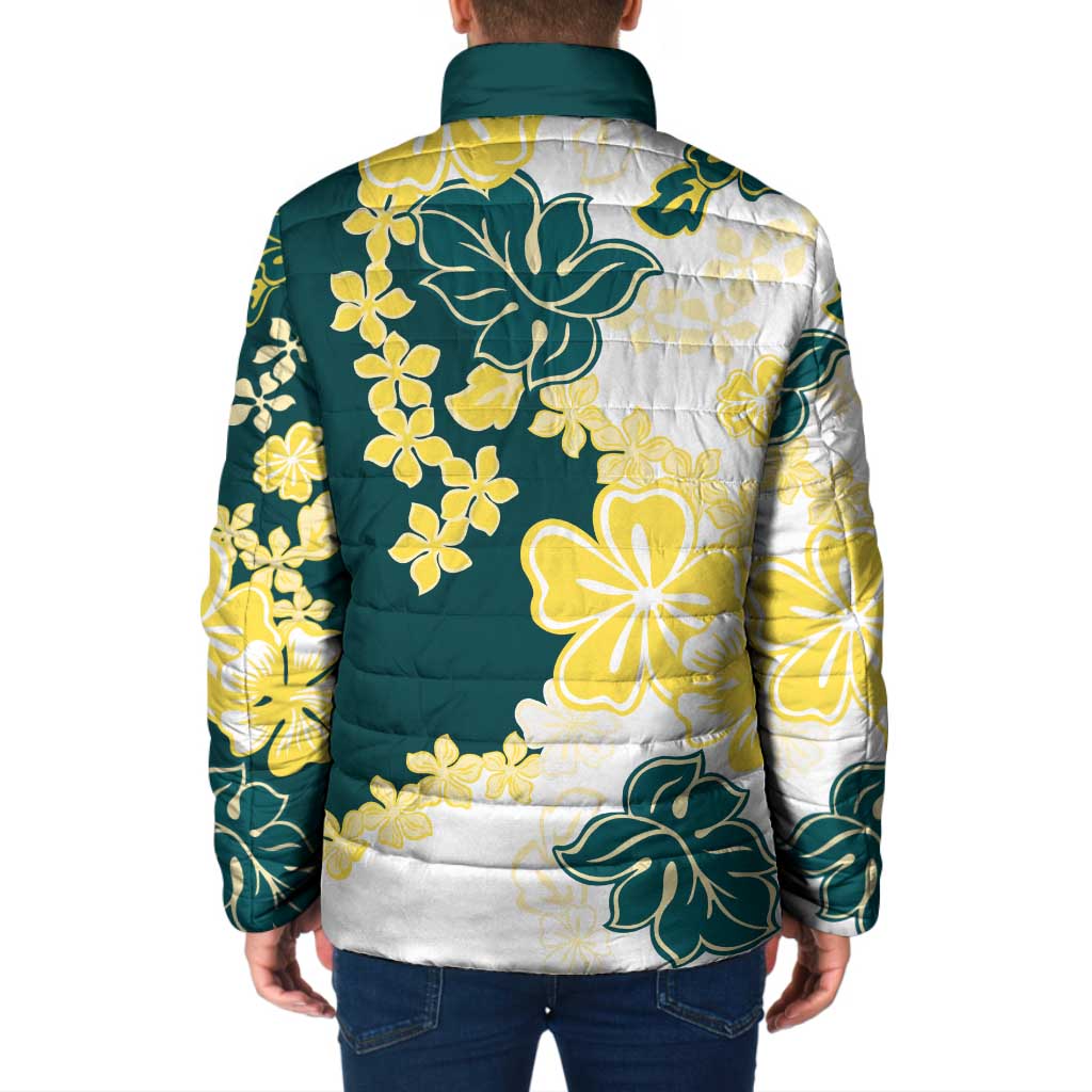 Yelow Teal Hibiscus Plumeria Floral Padded Jacket - Polynesian Pride