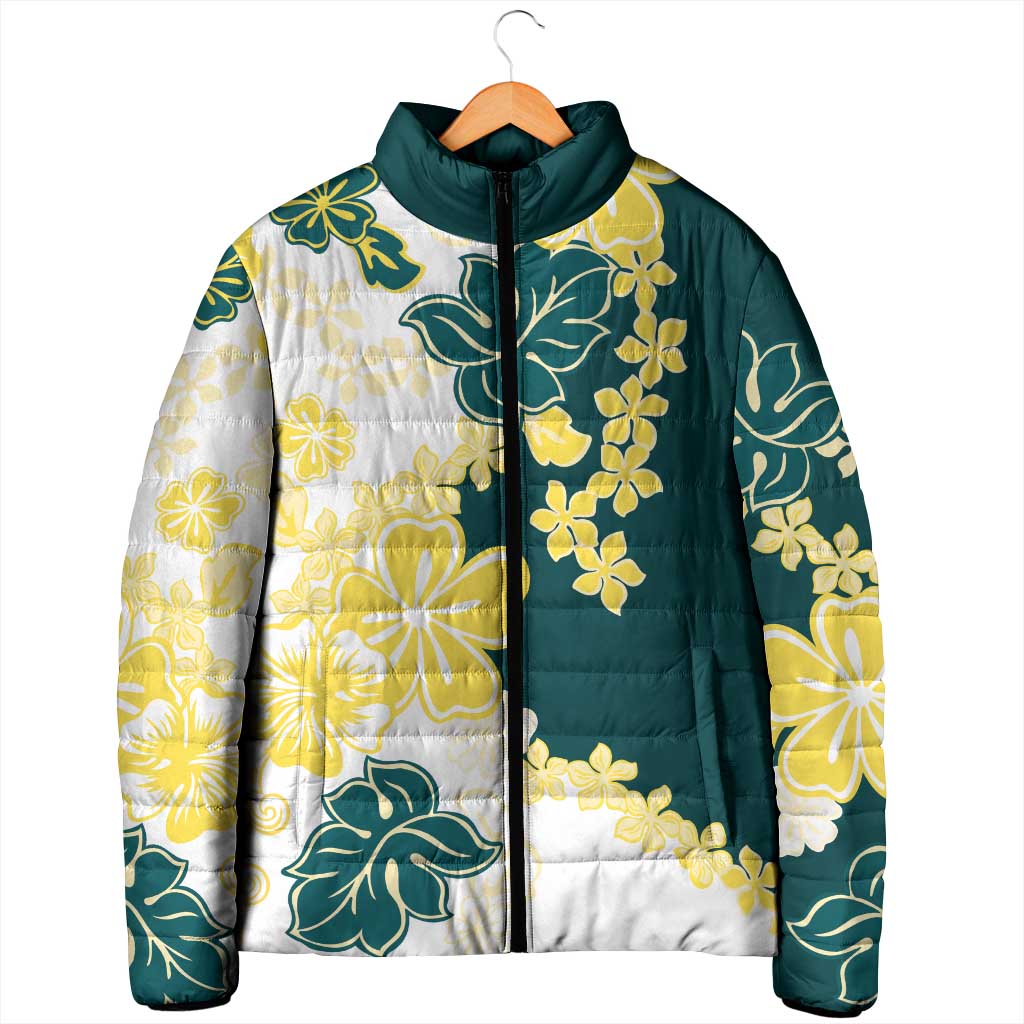 Yelow Teal Hibiscus Plumeria Floral Padded Jacket - Polynesian Pride