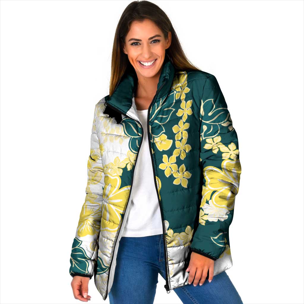 Yelow Teal Hibiscus Plumeria Floral Padded Jacket - Polynesian Pride
