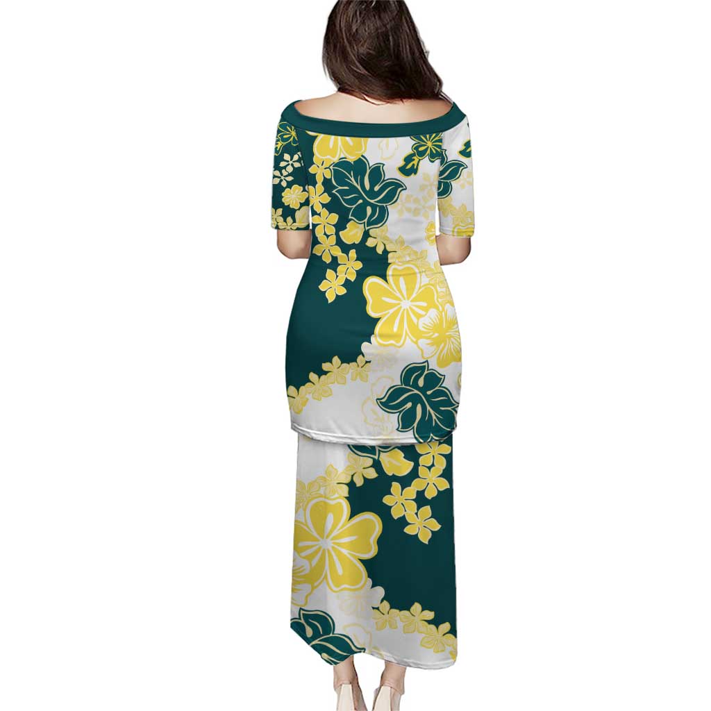 Yelow Teal Hibiscus Plumeria Floral Puletasi - Polynesian Pride