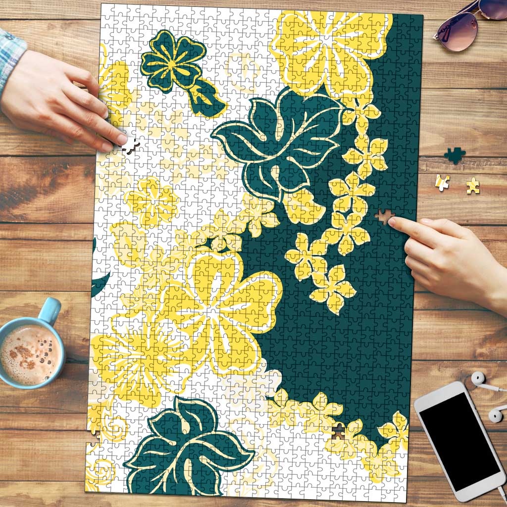 Yelow Teal Hibiscus Plumeria Floral Puzzle LT01 Yellow - Polynesian Pride