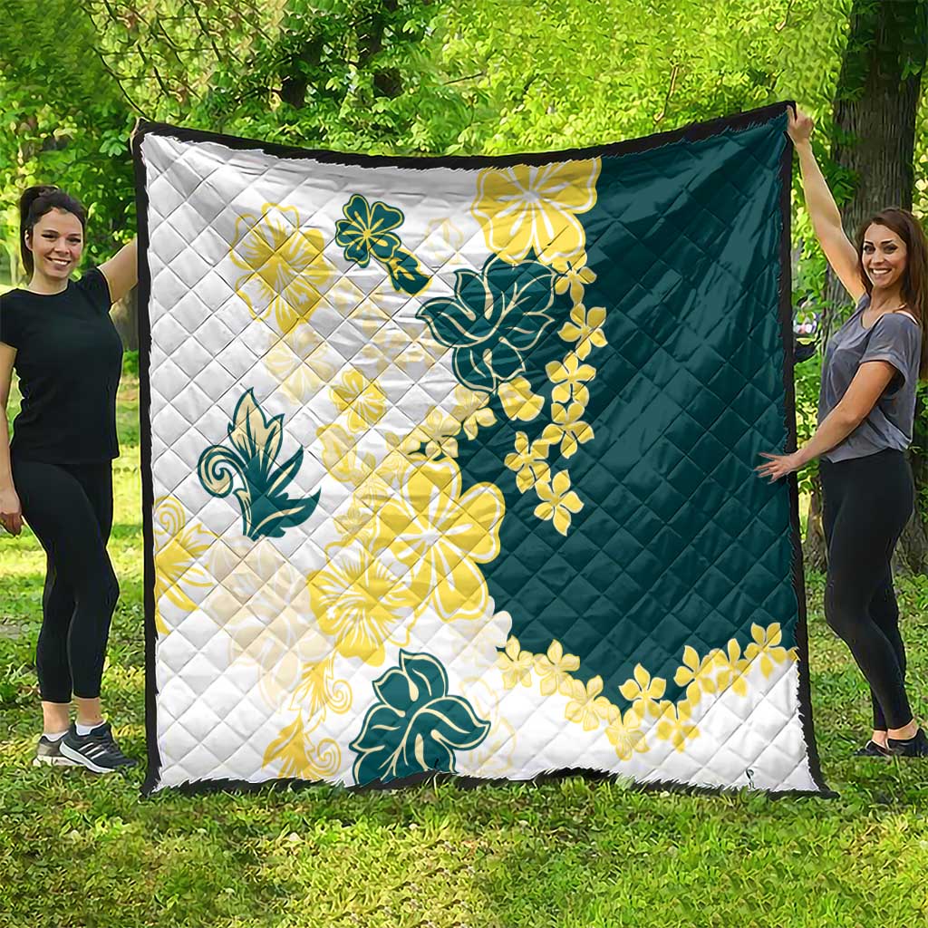 Yelow Teal Hibiscus Plumeria Floral Quilt LT01 - Polynesian Pride