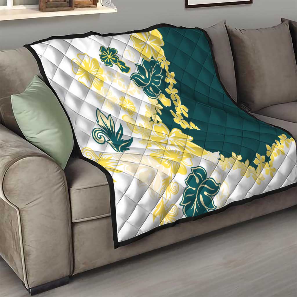 Yelow Teal Hibiscus Plumeria Floral Quilt LT01 - Polynesian Pride