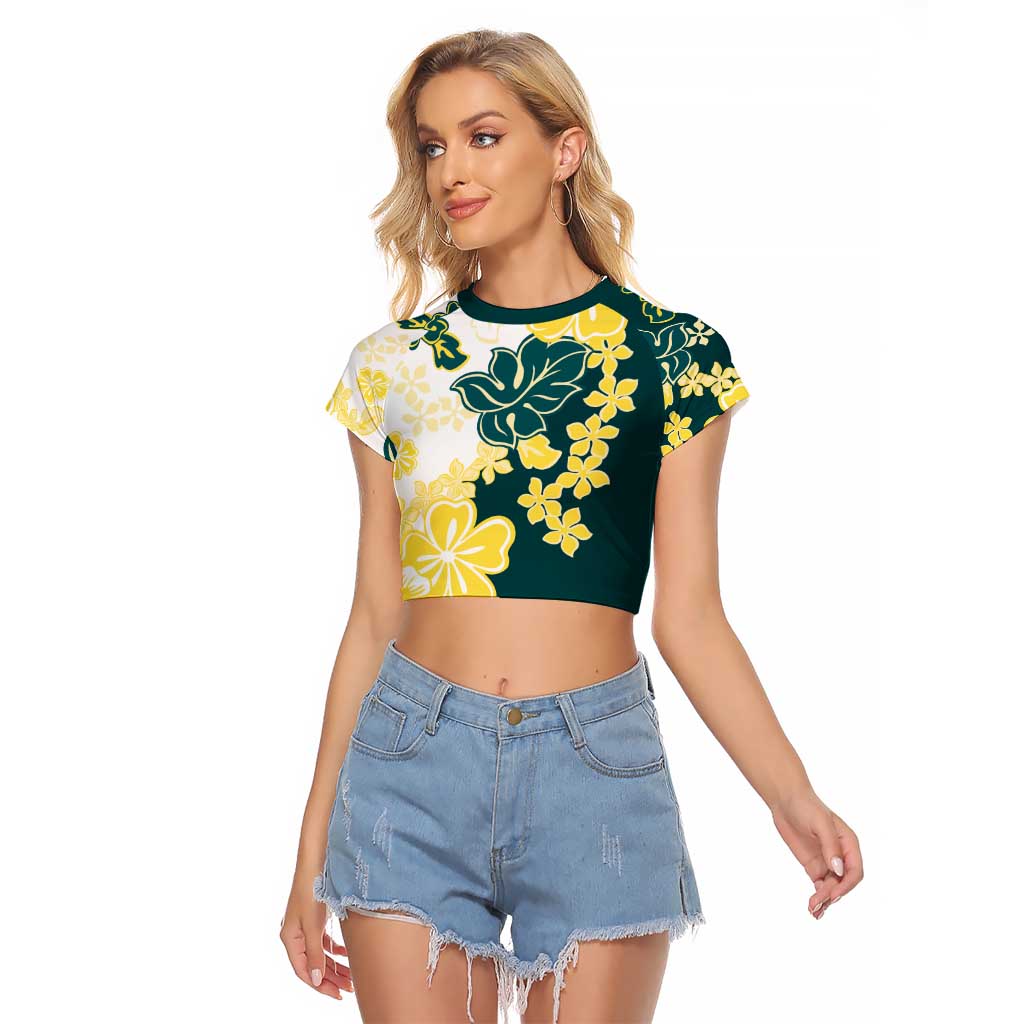 Yelow Teal Hibiscus Plumeria Floral Raglan Cropped T Shirt LT01 Female Yellow - Polynesian Pride