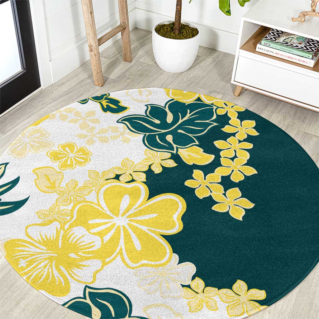 Yelow Teal Hibiscus Plumeria Floral Round Carpet - Polynesian Pride