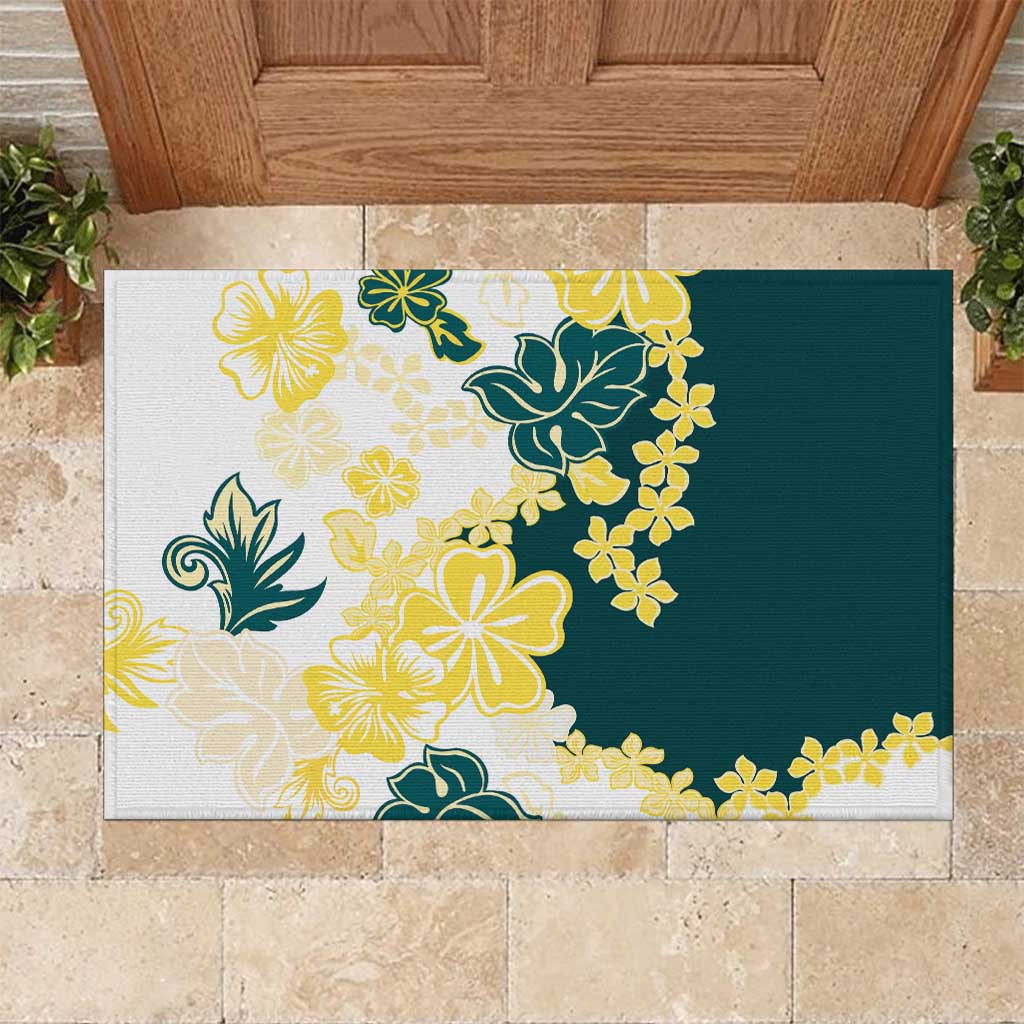Yelow Teal Hibiscus Plumeria Floral Rubber Doormat LT01 Yellow - Polynesian Pride