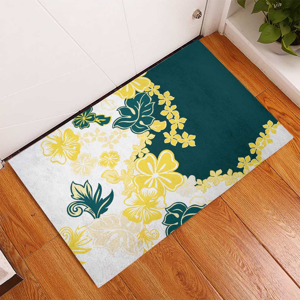 Yelow Teal Hibiscus Plumeria Floral Rubber Doormat LT01 - Polynesian Pride