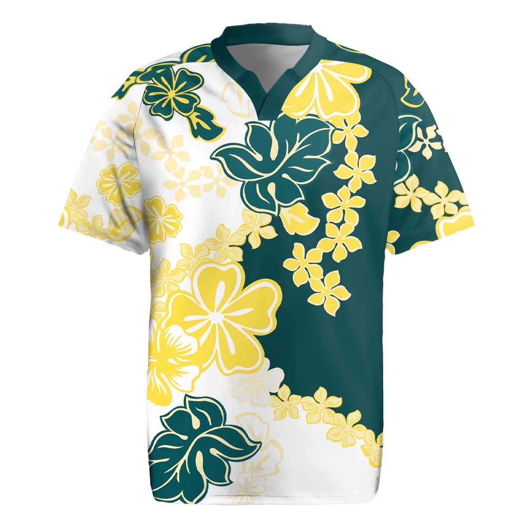 Yelow Teal Hibiscus Plumeria Floral Rugby Jersey - Polynesian Pride