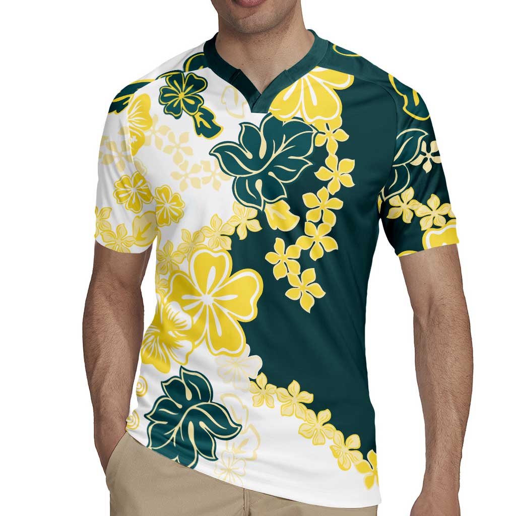 Yelow Teal Hibiscus Plumeria Floral Rugby Jersey - Polynesian Pride