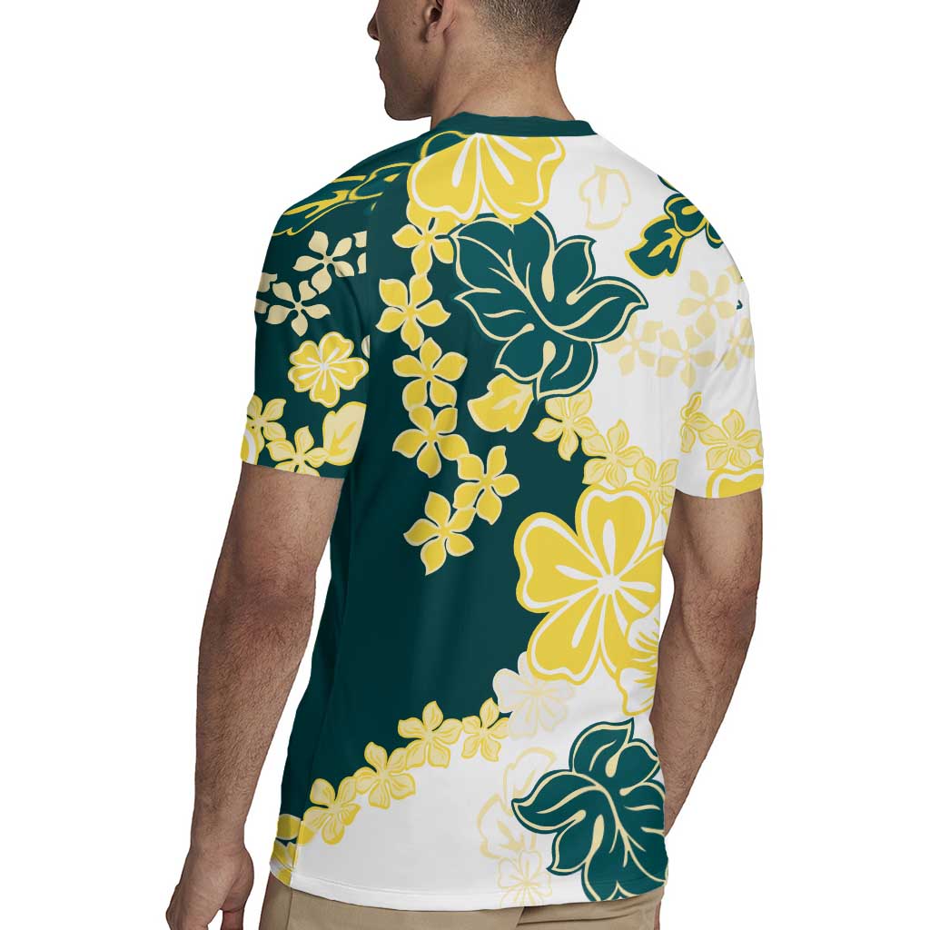 Yelow Teal Hibiscus Plumeria Floral Rugby Jersey - Polynesian Pride