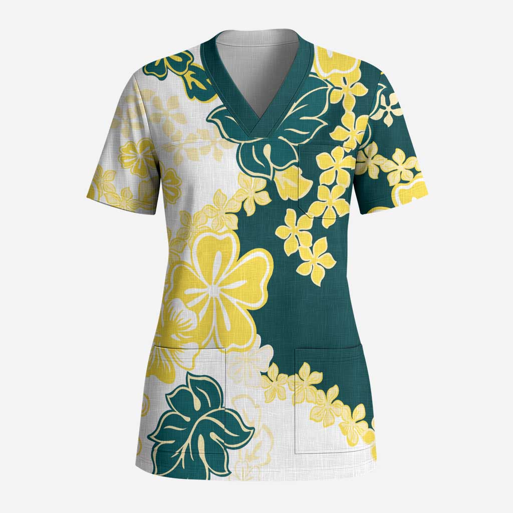 Yelow Teal Hibiscus Plumeria Floral Scrub Top - Polynesian Pride