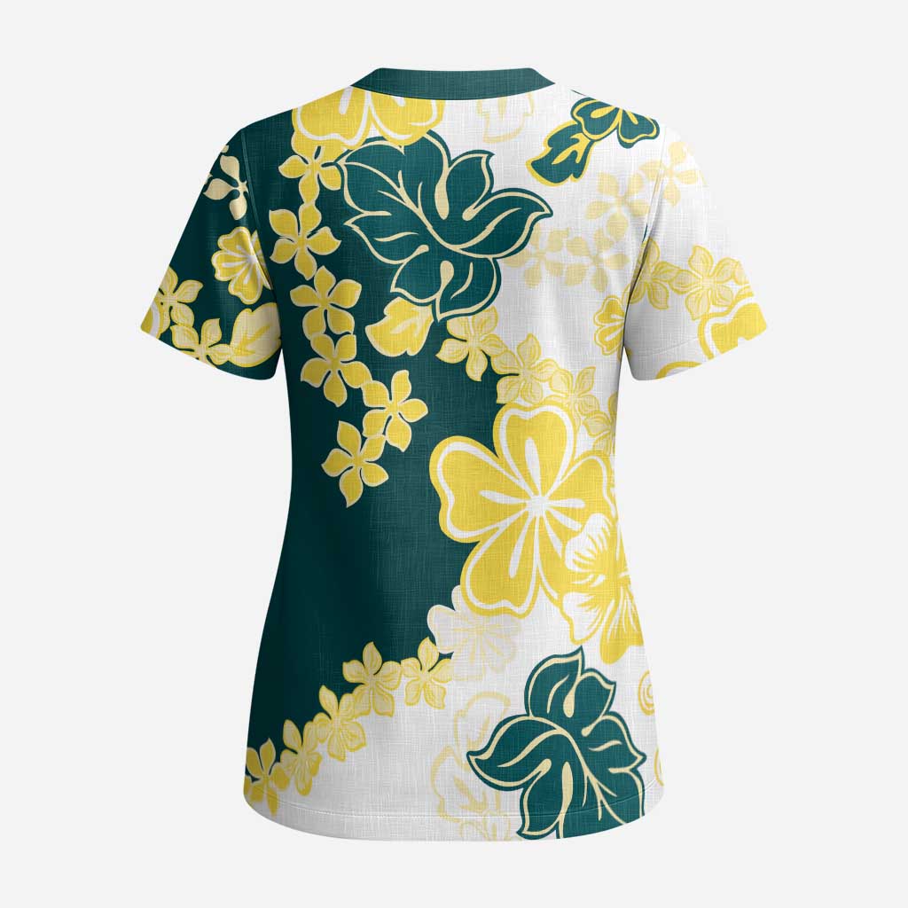 Yelow Teal Hibiscus Plumeria Floral Scrub Top - Polynesian Pride