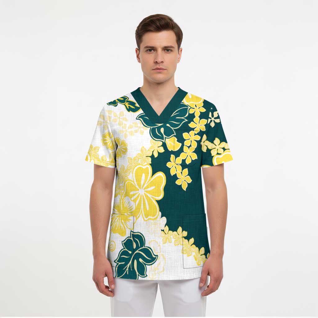 Yelow Teal Hibiscus Plumeria Floral Scrub Top - Polynesian Pride