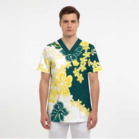 Yelow Teal Hibiscus Plumeria Floral Scrub Top - Polynesian Pride
