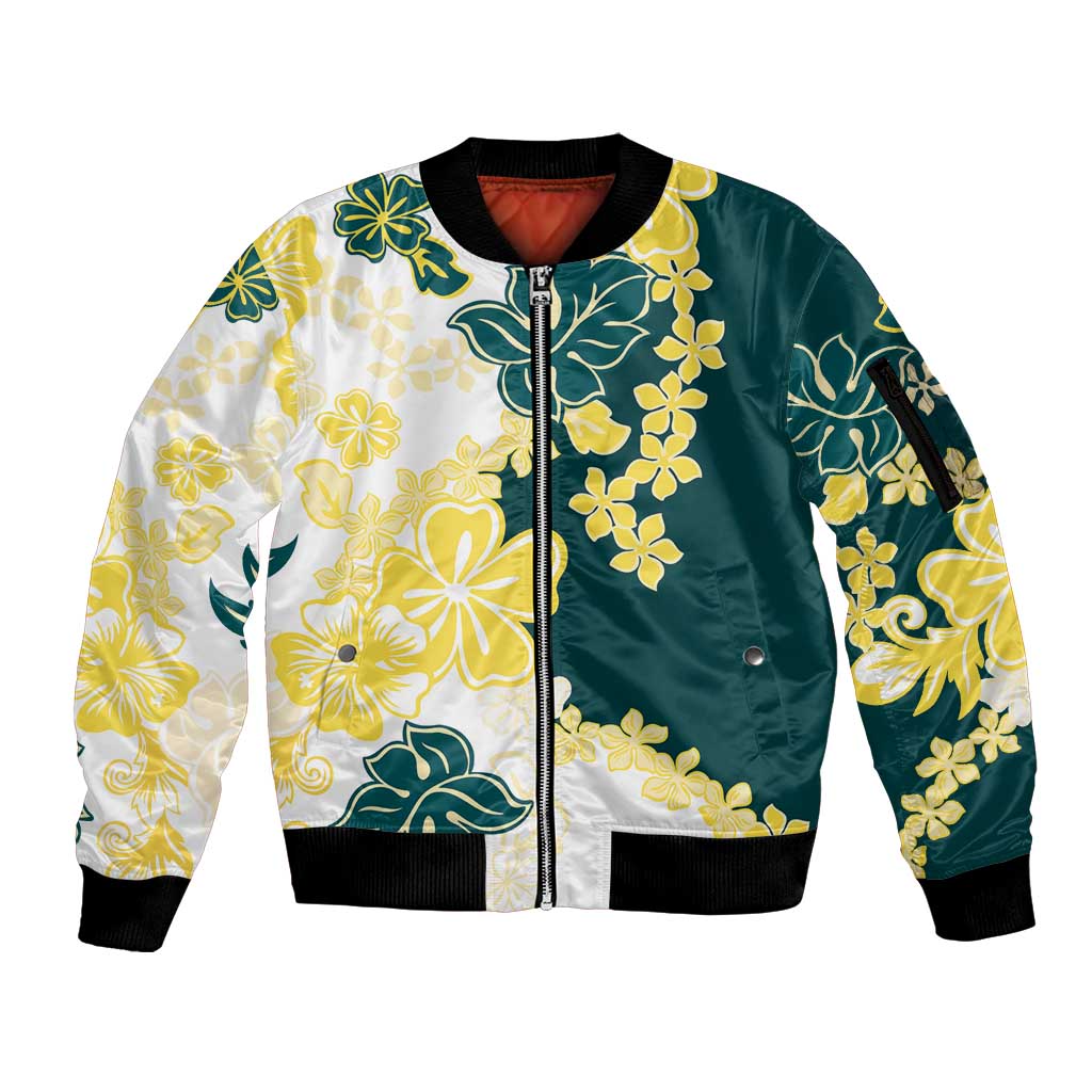 Yelow Teal Hibiscus Plumeria Floral Sleeve Zip Bomber Jacket LT01 Unisex Yellow - Polynesian Pride