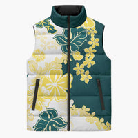 Yelow Teal Hibiscus Plumeria Floral Sleeveless Puffer Jacket - Polynesian Pride