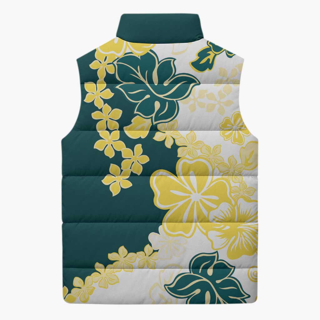 Yelow Teal Hibiscus Plumeria Floral Sleeveless Puffer Jacket - Polynesian Pride