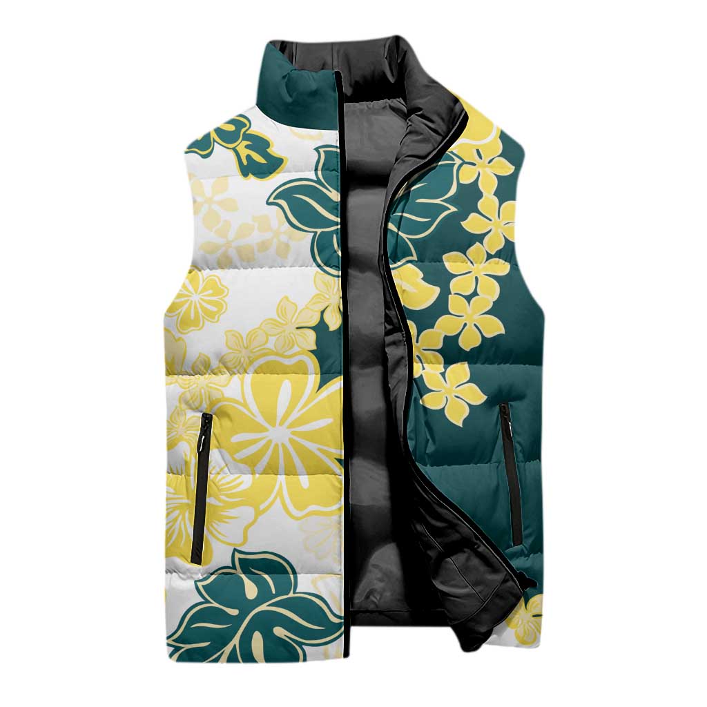 Yelow Teal Hibiscus Plumeria Floral Sleeveless Puffer Jacket - Polynesian Pride