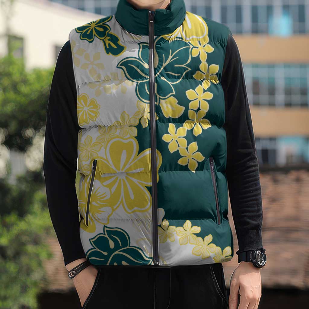 Yelow Teal Hibiscus Plumeria Floral Sleeveless Puffer Jacket - Polynesian Pride