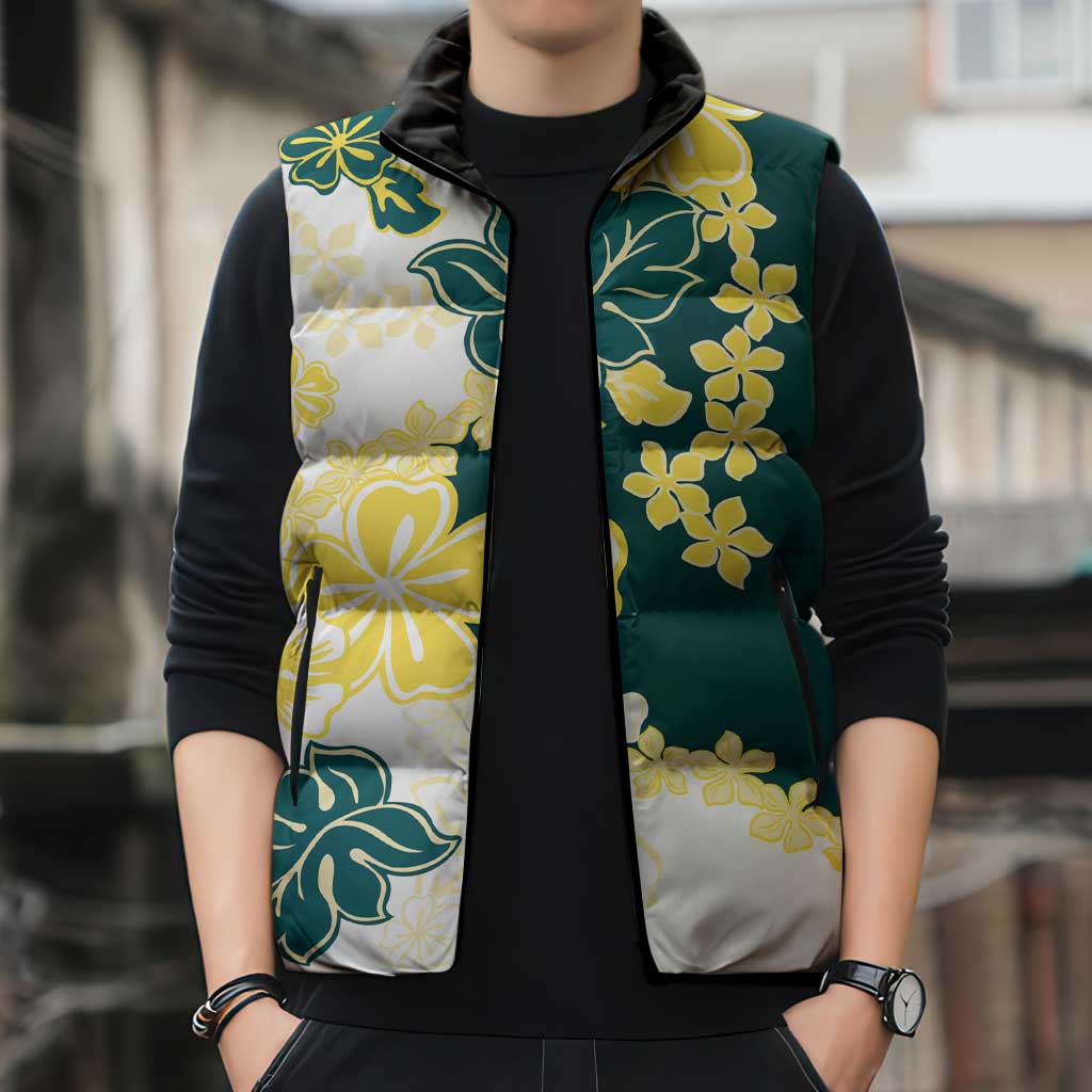 Yelow Teal Hibiscus Plumeria Floral Sleeveless Puffer Jacket - Polynesian Pride