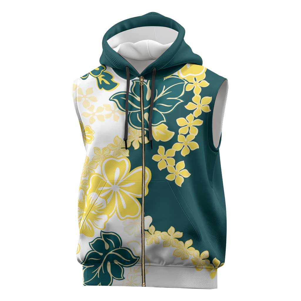 Yelow Teal Hibiscus Plumeria Floral Sleeveless Zip Hoodie - Polynesian Pride