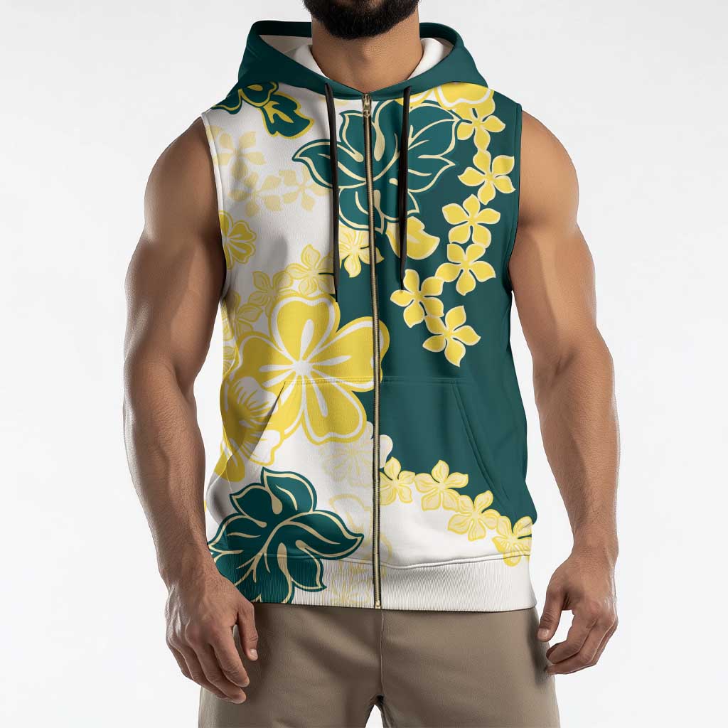 Yelow Teal Hibiscus Plumeria Floral Sleeveless Zip Hoodie - Polynesian Pride