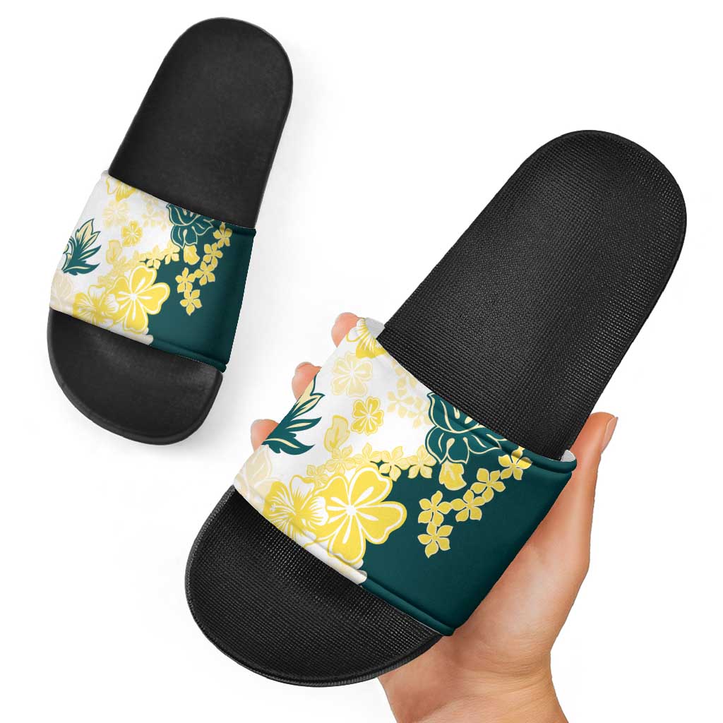 Yelow Teal Hibiscus Plumeria Floral Slide Sandals - Polynesian Pride