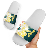 Yelow Teal Hibiscus Plumeria Floral Slide Sandals - Polynesian Pride