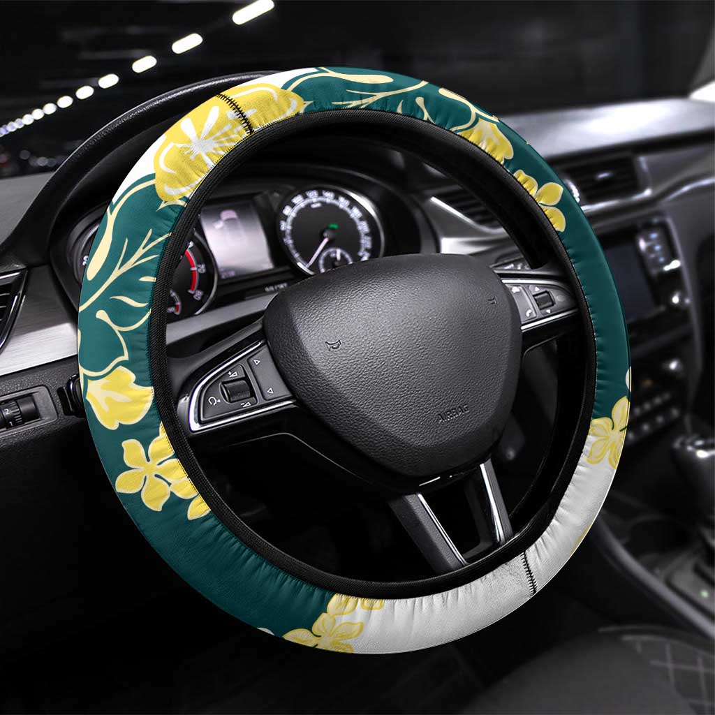 Yelow Teal Hibiscus Plumeria Floral Steering Wheel Cover - Polynesian Pride