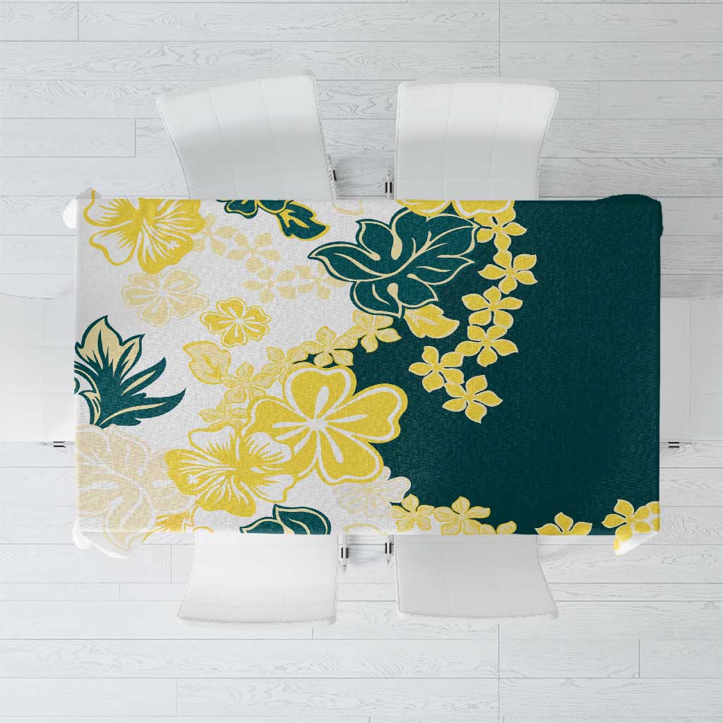 Yelow Teal Hibiscus Plumeria Floral Tablecloth - Polynesian Pride