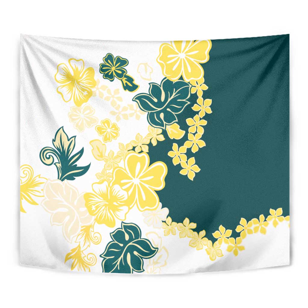 Yelow Teal Hibiscus Plumeria Floral Tapestry - Polynesian Pride