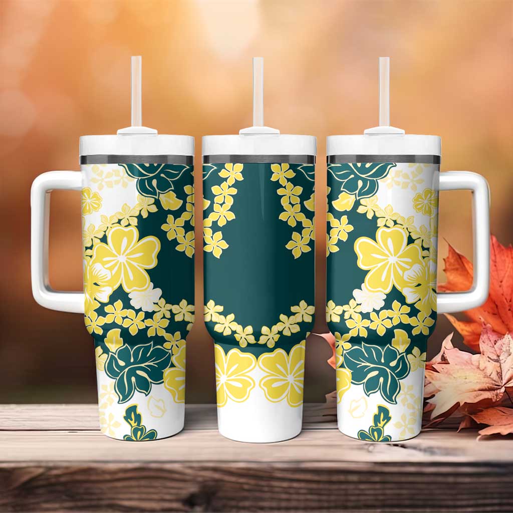 Yelow Teal Hibiscus Plumeria Floral Tumbler With Handle - Polynesian Pride