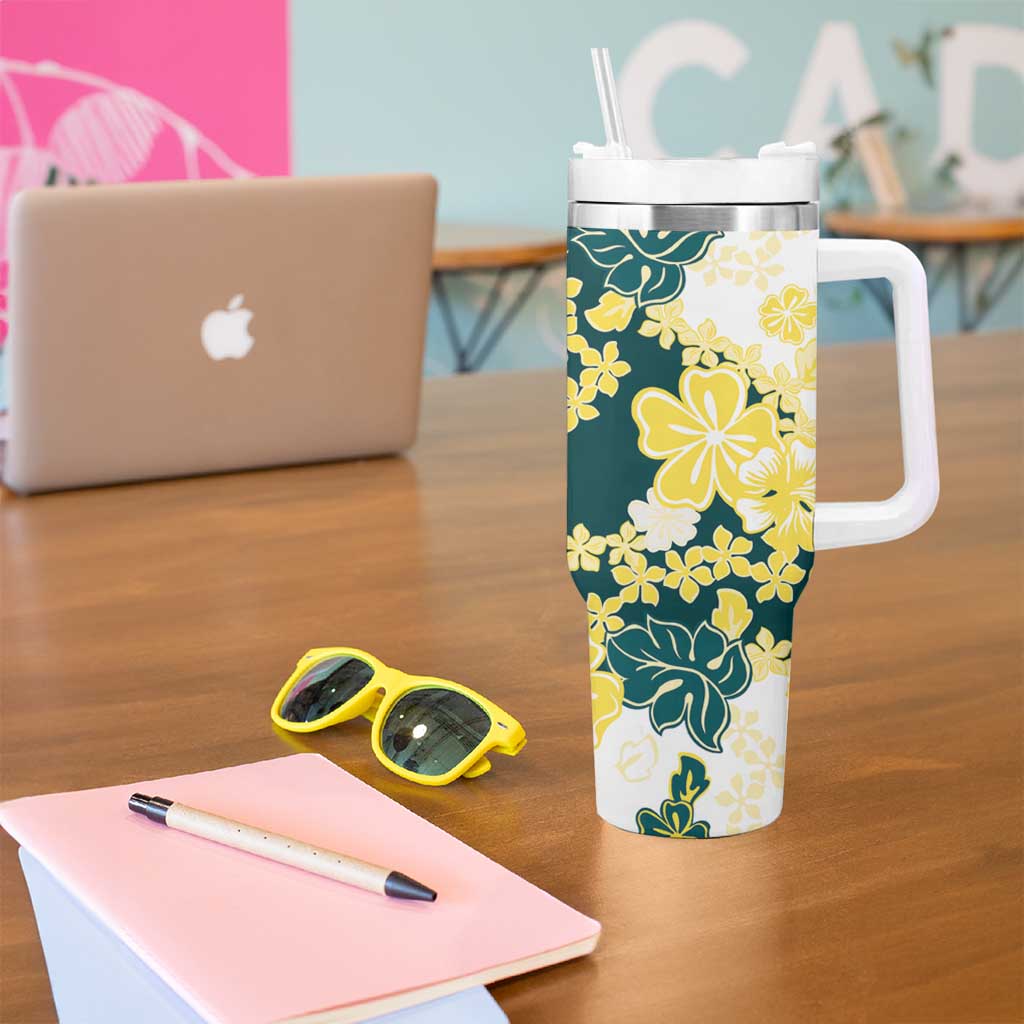 Yelow Teal Hibiscus Plumeria Floral Tumbler With Handle - Polynesian Pride