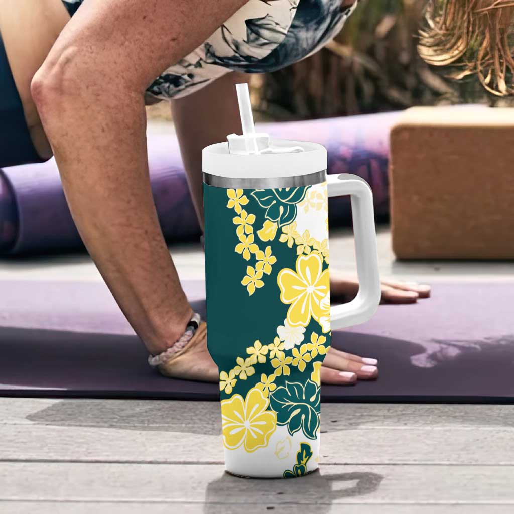 Yelow Teal Hibiscus Plumeria Floral Tumbler With Handle - Polynesian Pride