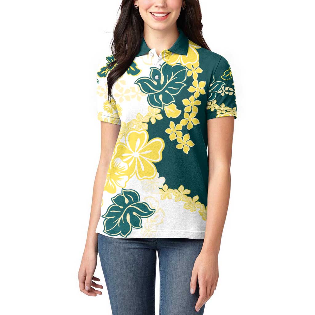 Yelow Teal Hibiscus Plumeria Floral Women Polo Shirt - Polynesian Pride
