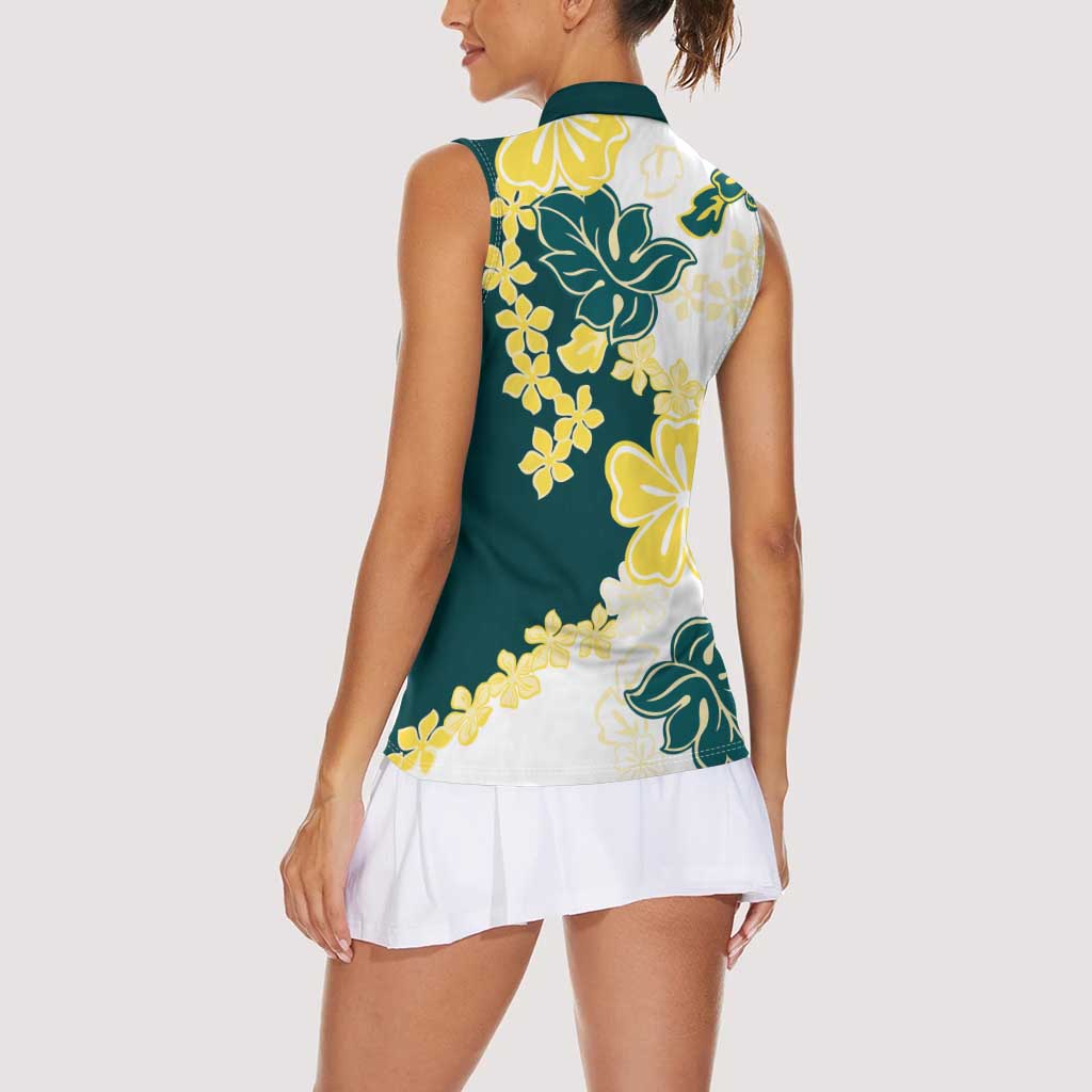 Yelow Teal Hibiscus Plumeria Floral Women Sleeveless Polo Shirt LT01 - Polynesian Pride