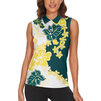 Yelow Teal Hibiscus Plumeria Floral Women Sleeveless Polo Shirt LT01 - Polynesian Pride